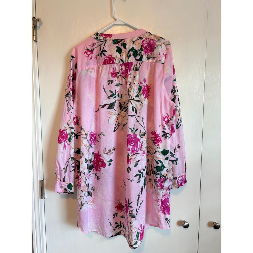 Roaman's Pink Floral Big Shirt Button Up Tunic Lightweight Pintuck Cotton 20w - Picture 2 of 9